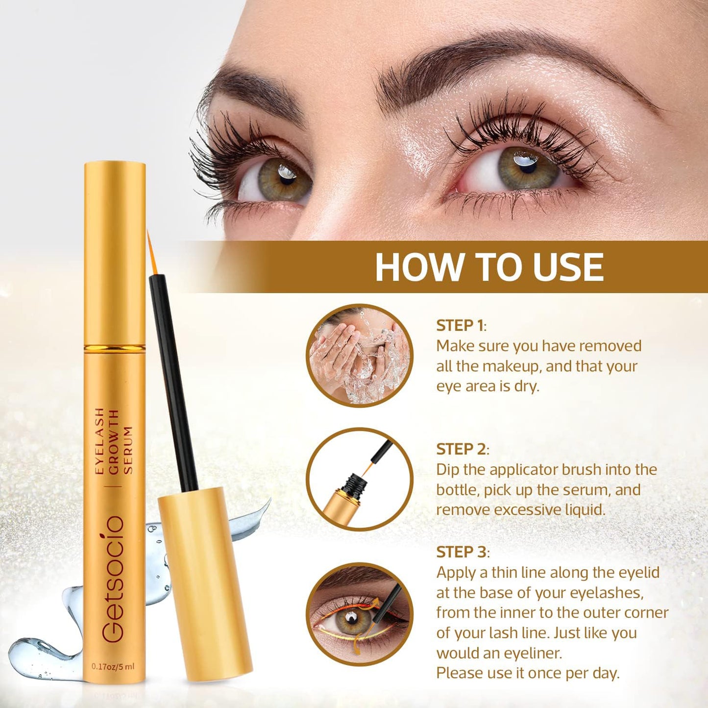 Premium Eyelash Serum by Getsocio, Lash Boosting Serum for Longer, Fuller Thicker Looking Lashes (3ML), Gold, 0.1