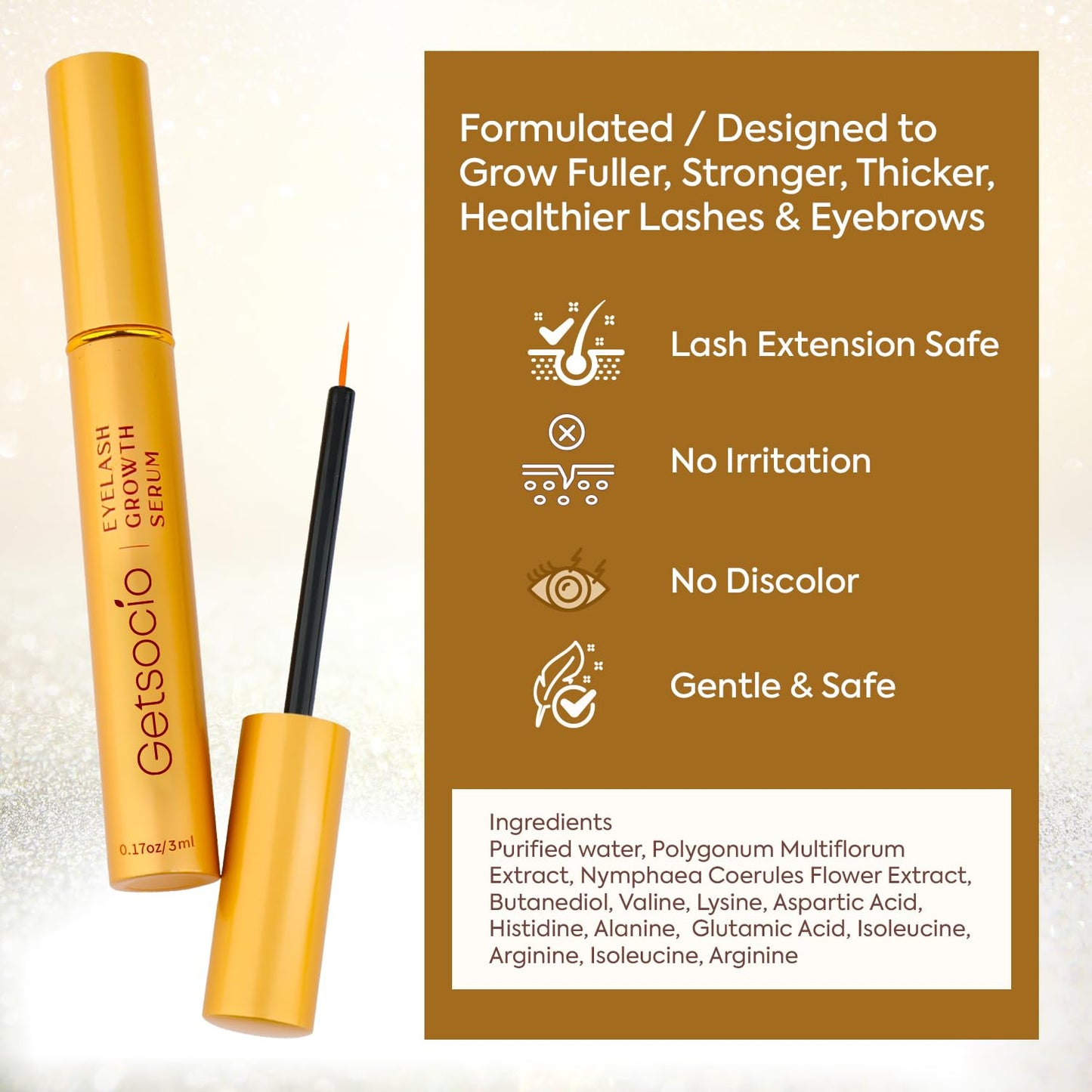 Premium Eyelash Serum by Getsocio, Lash Boosting Serum for Longer, Fuller Thicker Looking Lashes (3ML), Gold, 0.1