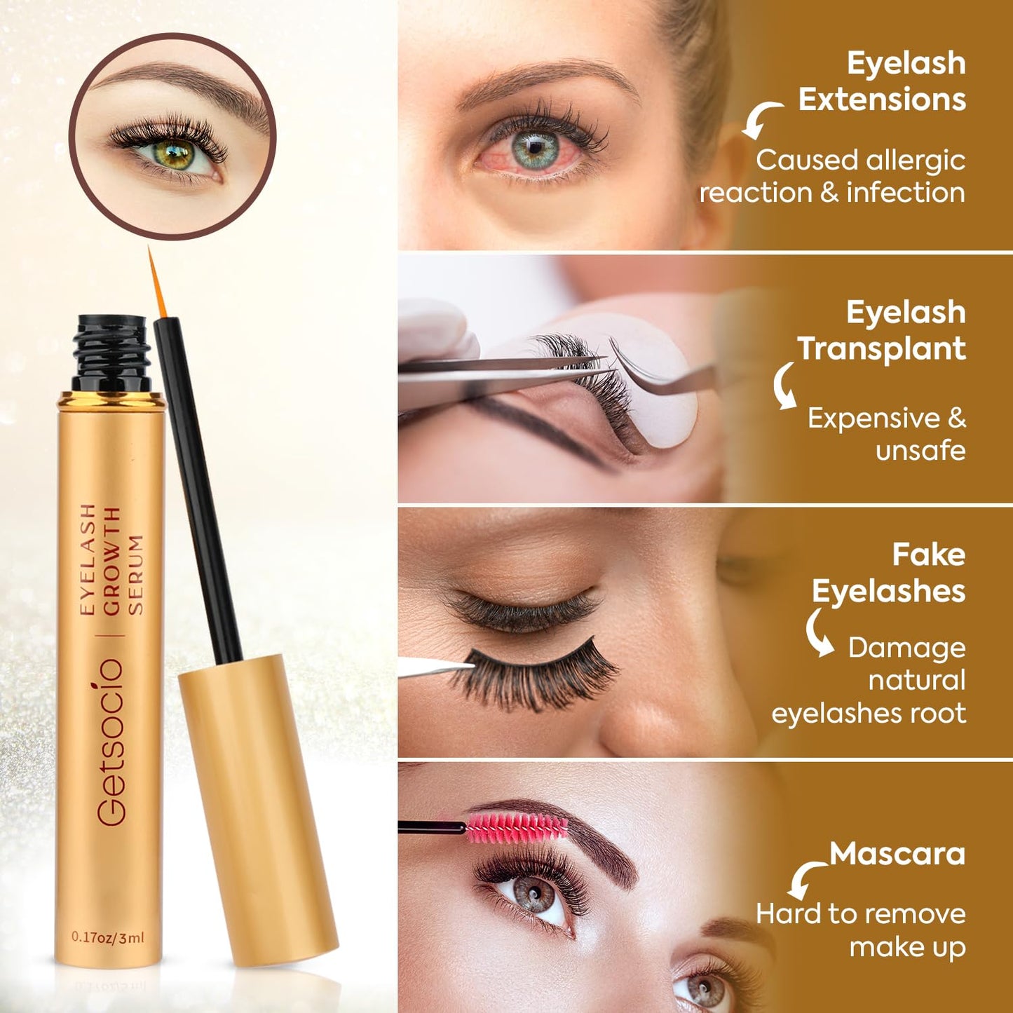 Premium Eyelash Serum by Getsocio, Lash Boosting Serum for Longer, Fuller Thicker Looking Lashes (3ML), Gold, 0.1