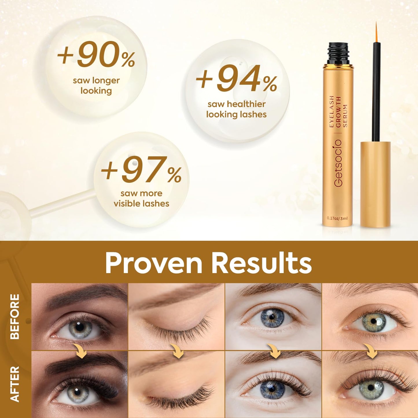 Premium Eyelash Serum by Getsocio, Lash Boosting Serum for Longer, Fuller Thicker Looking Lashes (3ML), Gold, 0.1